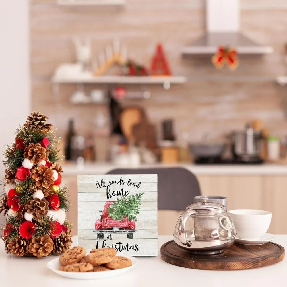 Elegant 5x5 Farmhouse Christmas Sign - Red Truck Decor for Home & Office